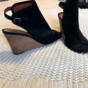 Lucky Brand Black Suede Open-Toe Wedge Sandals with Ankle Strap